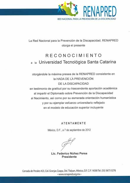La imagen muestra  el reconocimiento otorgado por la Red Nacional para la Prevención de la Discapacidad.